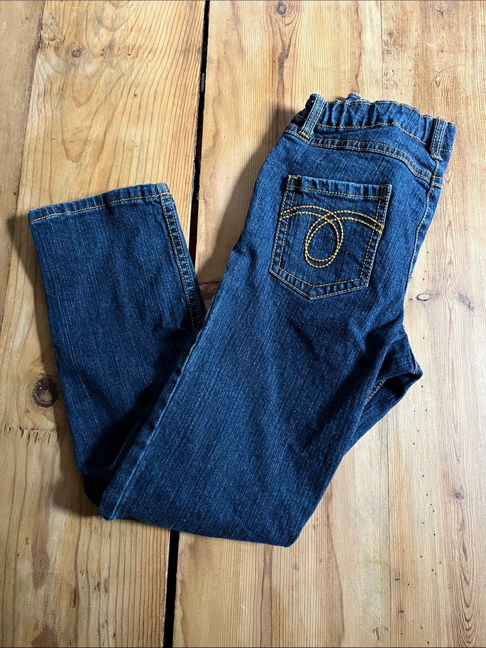 HANNA ANDERSSON 140 Dark Blue Denim Jeans Snap Fly Gold Stitching